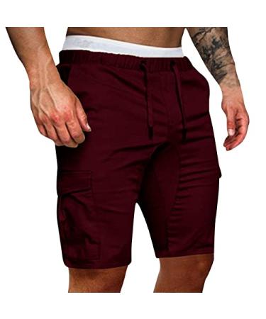 GUOBIOZIY Mens Casual Summer Elastic Waist Drawstring Shorts with Zipper Pockets Casual Loose Fashion Shorts Z3-a-red Large