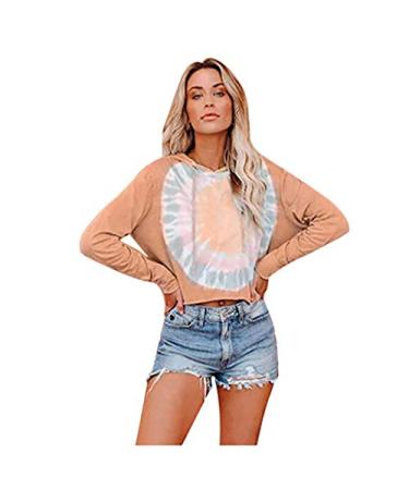 Womens Long Sleeve Tops,Womens Casual Tie Dye Print Hoodie Long Sleeve Loose Pullover Sweatshirt Tunic Tops Small Orange