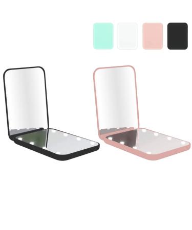 Milishow Compact Mirror with LED Light,1x/3x Magnifying Mirror,2 Pack Lighted Travel Mirror for Purse,Handbag,Pocket,Handheld 2-Sided Makeup Mirror (Black+Pink)