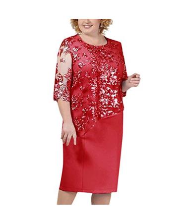 Womens Plus Size Sheath Dress with Floral Lace Top - Knee Length Work Casual Party Cocktail Dresses (XL, Red-1)