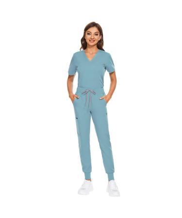 VIAOLI Scrubs for Women Set Uniforms Medical Women Sets V-Neck Top and Joggers Pant for Doctor Nursing Veterinary Care Light Blue Small