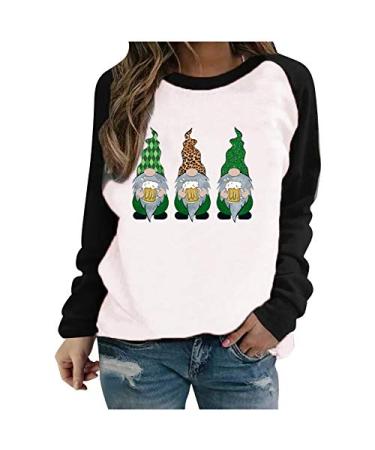 St. Patrick's Day Womens Tops Spring Shamrocks Print T Shirts Casual Patchwork Long Sleeve Round Neck Graphic Tees