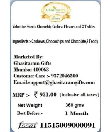 Ghasitaram Gifts Valentines Gift for Girlfriend/Boyfriend/Husband and Wife - Valentine Sweets Chocochip Cashew Flowers and 2 Teddies - Buy Online on GoSupps.com