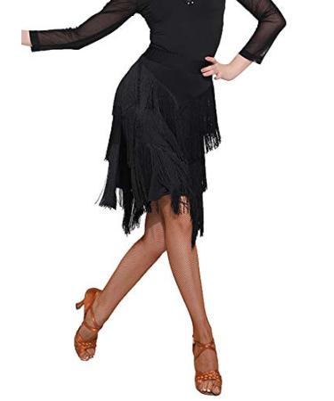 Z&X Women's Ballroom Latin Tango Slasa Dance Skirt Fringe Split Leg Halloween Party Dance Dress with Shorts X-Large Black