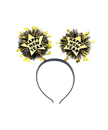 Dzrige Happy New Year Headband with Star Boppers & Gold Tinsel Glitter New Year Head Boppers Headband for New Year Birthday Carnival Party Props Decoration