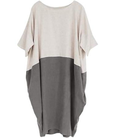 Quealent Women's Baggy House Dress Plus Size with Pockets | O-Neck Short Sleeves Casual Loose Cotton Vintage Dress in Gray - Buy Online on GoSupps.com