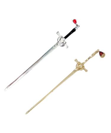 Mobestech 2 Pieces Sword Hair Chopsticks Metal Ruby Hair Clips Chinese Chopsticks Vintage Hair Bun Accessories Handmade Hair Clips