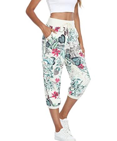 MISS MOLY Women's Loose Cropped Capris Cargo Joggers Pants Harem Sweatpants Stylish Soft Casual with Pockets Floral Print-3 Medium