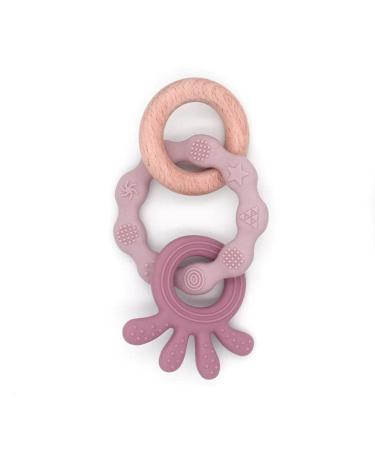 Baby Teether- Silicone and Beechwood Ring- Nautical Pink Octopus