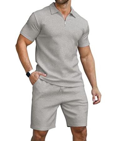 KUYIGO Men's Polo Shirt and Shorts Set Summer Outfits Fashion Casual Short Sleeve Polo Suit for Men 2 Piece Shorts Tracksuit X-Large Grey