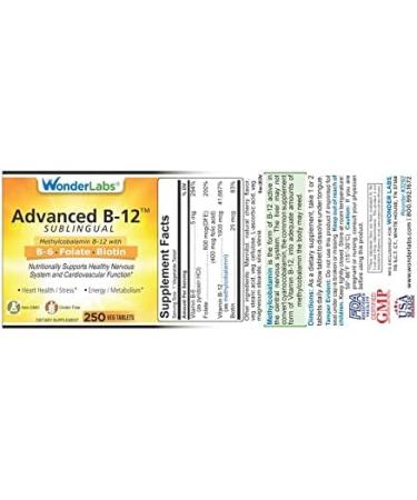 Wonder Labs Sublingual Vitamin B12 B6 Folic Acid Biotin (250 Tablets) - Methylcobalamin B12 1000mcg, B6 5mg, Folic Acid 400mcg, Biotin 25mcg - Buy Online on GoSupps.com