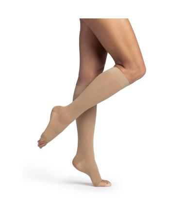SIGVARIS Women's DYNAVEN Sheer Calf Open-Toe Compression Socks 20-30mmHg SS - Small Short Beige