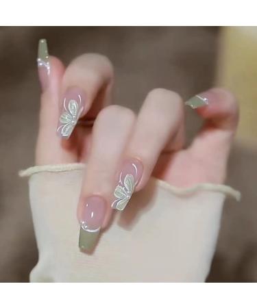 24 Pcs Flower Press on Nails Long French Fake Nails Nude Green Glue on Nails with Flower White Pearls Designs Square Exquisite Camellia Flowers False Nails for Women Manicure