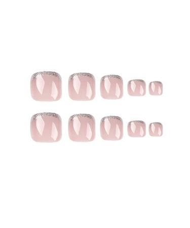 Glitter Pink Square Fake Toenails | French Tip Acrylic Summer Toe Nails - 24Pcs - Buy Online on GoSupps.com