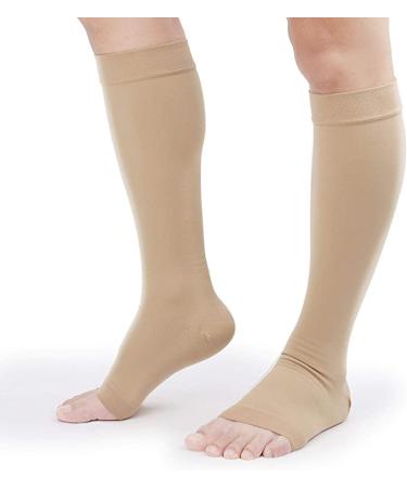TOFLY 30-40mmHg Medical Graduated Compression Socks for Men & Women, Open Toe Knee High Compression Socks,Firm Support for Circulation Recovery,Shin Splints,Varicose Veins,Edema,Nursing, Beige L Large 30-40mmhg Open-toe Beige