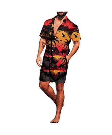 Mens 2 Piece Hawaiian Sets Tropical Print Button Down Shirts and Beach Shorts with Pockets Vacation Outfits (S-5XL) A08-orange X-Large