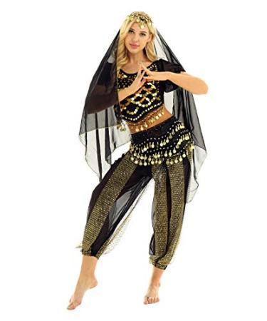 moily Women's Indian Belly Dance Sets Outfits 4Pcs Lanterns Sleeves Coins Tops Harem Pants Hip Scarf Black One Size