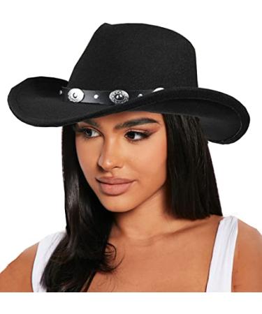 Western Cowboy Hat for Women Outback Cowgirls Felt Fedora Gus Rodeo Hat 22"-22.75" fit for M/L Medium-Large Black With Metal Silver Button