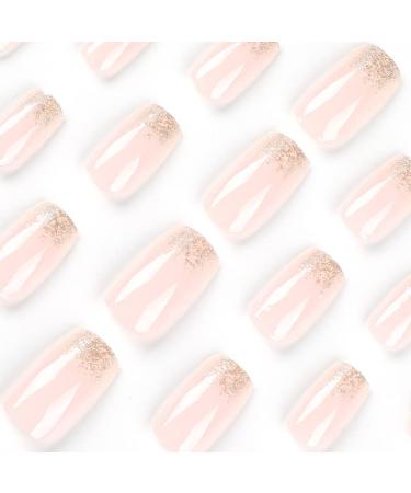 Quadratical Short Artificial Nails - 24pc Baby Boomer Color Gradient with Glue | White Gold Glitter Press-On Acrylic Nails for Women - BB15 - Buy Online on GoSupps.com