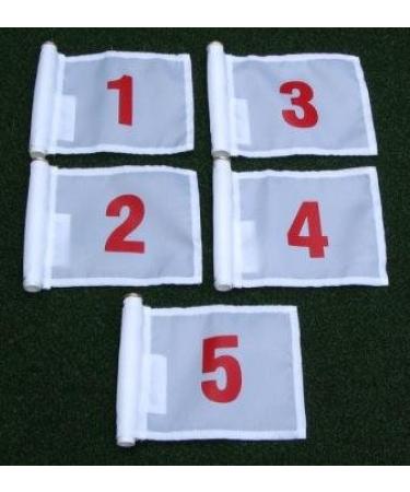 Set of Red Numbered #1, 2, 3, 4, and #5 Each Printed on a Solid White Jr. (8" L x 6" H) 400 Denier Pin Marker Flag for Golf & Putting Green Applications