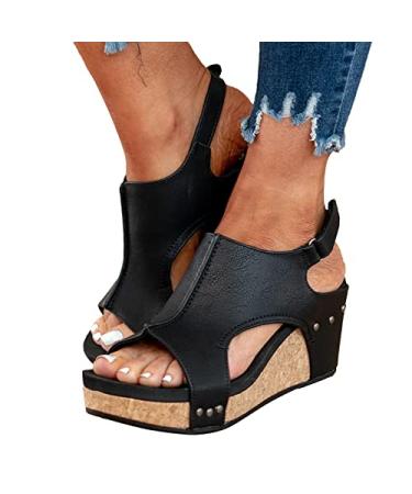 Sandals for Women with Heels Platform Closed Toe Sandals Ankle Buckle Strap Summer Beach Outdoor Women Shoes Casual 9.5-10 K1-black
