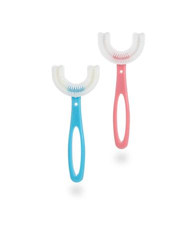 Tuaaivl Manual Toothbrushes for Kids 6-12 Years 2PCS Kids Toothbrushes U Shape with Travel Case Easy-Using 360 Oral Cleaning Manual Training Toothbrushes for Kids. (Blue+Pink)