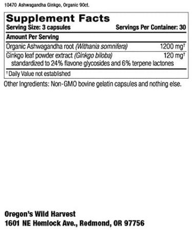 Oregon's Wild Harvest Ashwagandha & Ginkgo - 90 Gelatin Capsules for Vitality & Focus - Buy Online on GoSupps.com