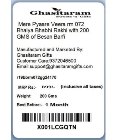 Ghasitaram Gifts Rakhis Online - Rakhi for Brother- Mere Pyaare Veera rm 072 Bhaiya Bhabhi Rakhi with 200 GMS of Besan Barfi Rakhi Set with 200 gms of Besan Barfi - Buy Online on GoSupps.com