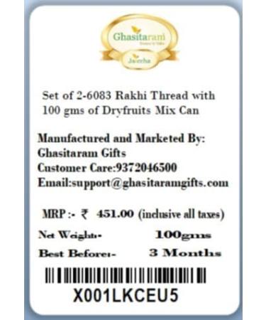 Ghasitaram Gifts Rakhis Online for Brother- Set of 2-6083 Rakhi Thread with 100 GMS of Dryfruits Mix Can 2 Rakhi with 100 gms of Dryfruits Mix Can - Buy Online on GoSupps.com