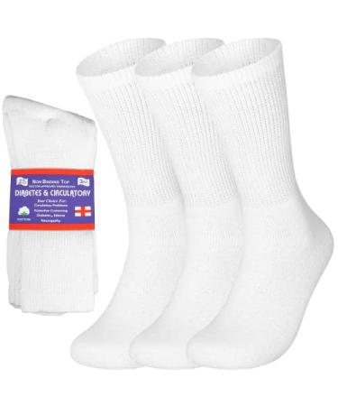 Special Essentials 3 Pairs Cotton Diabetic Crew Socks - Non-Binding Wide Top Comfort & Support for Men & Women Large White