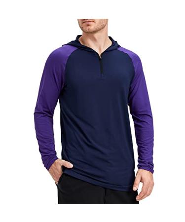 Nucltck Mens Slim Fit Moisture Wicking Running Shirts Long Sleeve Lightweight Hoodies Sweatshirts Workout Shirts for Men XX-Large Navy Blue Purple Stitching