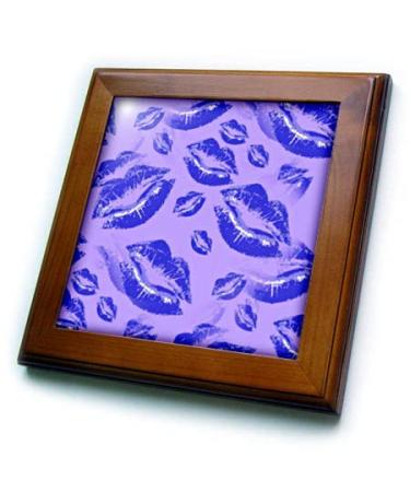 3dRose 8x8 Framed Tile - Two Kisses Collided Lip Bold Blue Lips Pattern Pattern - Lipstick Kisses