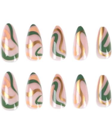 Justotry 24 Pcs Wavy Almond Short False Nails - Gold and Teal French Press On Nails | Trendy Fake Nails with Nail Glue | Nude Oval Medium Stick On Nails for Women - Buy Online on GoSupps.com
