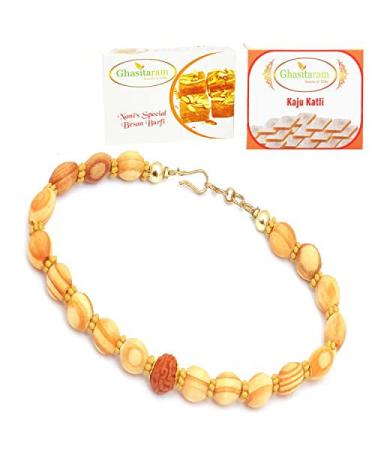 Ghasitaram Gifts Rakhi for Brother Rakhis Online - BB2104 - Bracelet Rakhi with 200 GMS of Besan Barfi and 200 GMS of Kaju Katli Rakhi Set with 200 gms of Besan Barfi & Kaju Katli