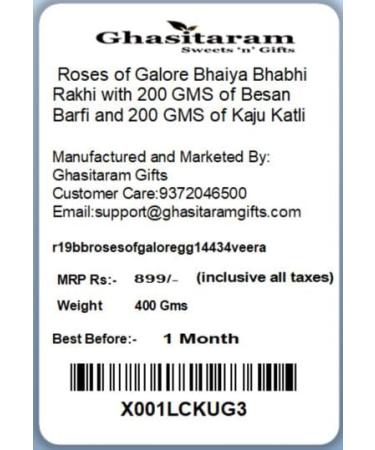 Ghasitaram Gifts Rakhis Online - Rakhi for Brother- Roses of Galore Bhaiya Bhabhi Rakhi with 200 GMS of Besan Barfi and 200 GMS of Kaju Katli Rakhi Set with 200 gms of Besan Barfi & Kaju Katli - Buy Online on GoSupps.com