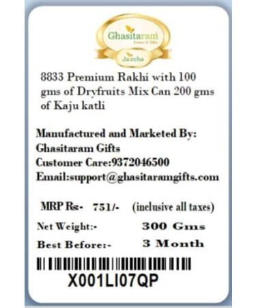 Ghasitaram Gifts Rakhi for Brother Rakhis Online - 8833 Premium Rakhi with 100 GMS of Dryfruits Mix Can 200 GMS of Kaju katli Rakhi & 100g Dryfruits Mix Can 200g Kaju katli - Buy Online on GoSupps.com