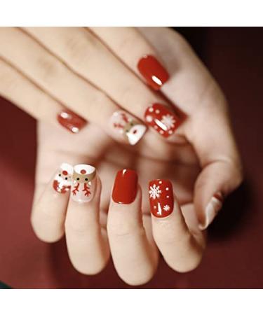 Brishow christmas artificial nails Christmas tree snow press on nails moose nails to stick on short red false nails 24 pieces for women and girls (1) - Buy Online on GoSupps.com