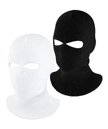 WILLBOND 2 Pieces Knitted Full Face Cover 2-Hole Winter Ski Balaclava Face Covering for Adult Supplies Black, White