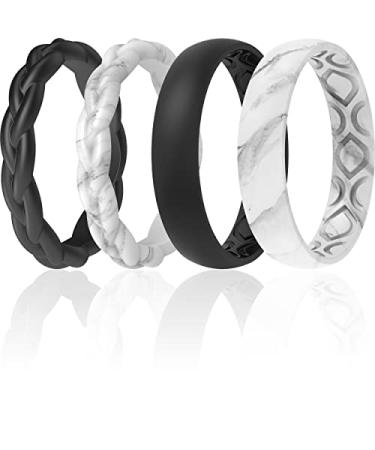 ThunderFit Women Silicone Wedding Bands Stackable Thin Braided Silicone Rubber Wedding Rings - 16 8 & 4 Packs Black Light Marble 8.5 - 9 (18.9mm)