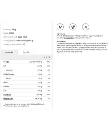 Prozis Chocolate Peanut Butter 500g Smooth Delicious Texture - Natural Source of Protein - Suitable for Vegan Kosher and Halal Diets - No Added Salt or Fat - Buy Online on GoSupps.com