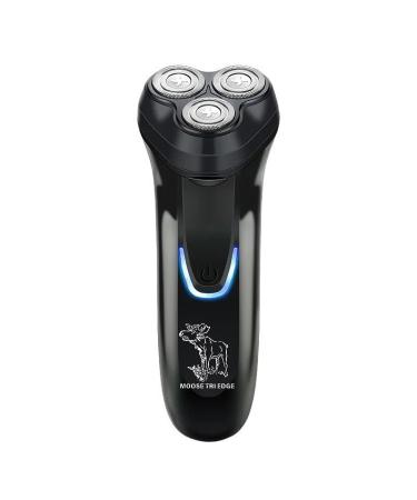 MOOSE TRI EDGE Men's Electric Rotary Shaver - Beard Trimmer Wet/Dry Body Razor Head & Face Groomer Cordless USB Rechargeable Ideal Gift for Husband Dad Boyfriend - Black