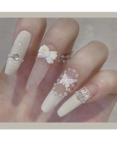 Valentines Long White Press on Nails Creamy White Butterfly Lace Pearl Bow Diamond Coffin Fake Nails 24 Pcs Cream White Butterfly Lace Bow