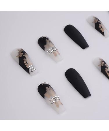 Xerling Black Gothic False Nails - Butterfly Gold Glitter Charms Rhinestones Matte Coffin Press On Nails for Women & Girls - 24 Pcs (Pattern D - Buy Online on GoSupps.com