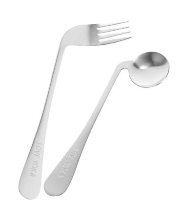 2 pieces/1 set curved fork spoon easy to grip self-feeding curved utensils stainless steel angle cutlery dining cutlery for older people patients disabled silver-2