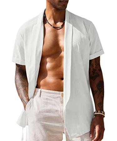 COOFANDY Men's Beach Kimono Shirt Cardigan Jacket Light Linen Short Sleeve Open Front Casual Shirts X-Large White