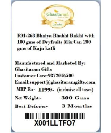 Ghasitaram Gifts Rakhis Online - Rakhi for Brother-RM-268 Bhaiya Bhabhi Rakhi with 100 GMS of Dryfruits Mix Can 200 GMS of Kaju katli Rakhi Set & 100g Dryfruits Mix Can 200g Kaju katli - Buy Online on GoSupps.com