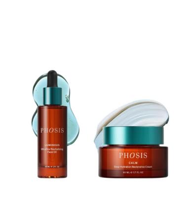 Phosis Revitalizing Face Oil and Luminous Calm Deep Hydration Cream Set - Moisturizer Duo for Dry Sensitive & Peri & Menopausal Skin with Vitamin C Ceramides & Botanicals - 1.7 fl oz + 1.0 fl oz
