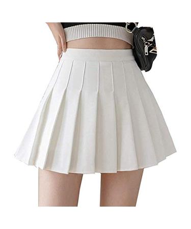 Girls Women High Waisted Pleated Skirt Plain Plaid A-line Mini Skirt Skater Tennis School Uniform Skirts Lining Shorts White Small