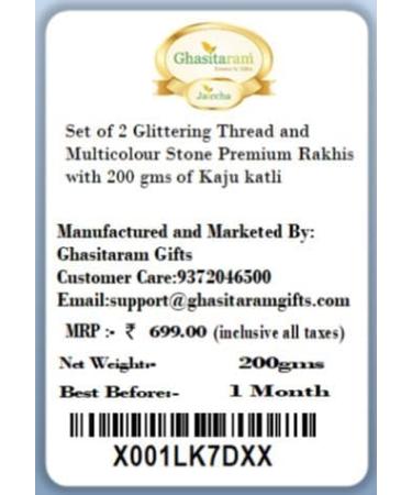 Ghasitaram Gifts Rakhi for Brother Rakhis Online - Set of 2 Glittering Thread and Multicolour Stone Premium Rakhis with 200 GMS of Kaju katli - Buy Online on GoSupps.com
