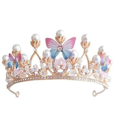 YOVECATHOU Girls Tiara Butterfly Princess Crown Gold Pearl Headband Rhinestone Hairpiece for Halloween Costume Wedding Bridal Prom Birthday Party Cosplay Christmas Gifts